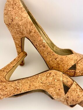 Nine West Cork Peep-Toe Heels in Natural Cork with Gold flecks